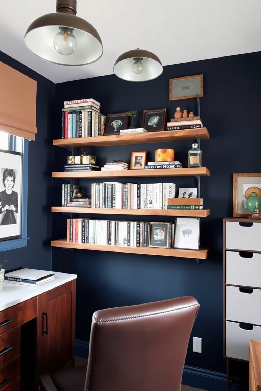 A stylish man cave office features wall-mounted shelves made of reclaimed wood, displaying a curated collection of books and unique decor items. The walls are painted a deep navy blue, creating a cozy atmosphere, while a plush leather chair sits at a sleek desk beneath a modern industrial light fixture.