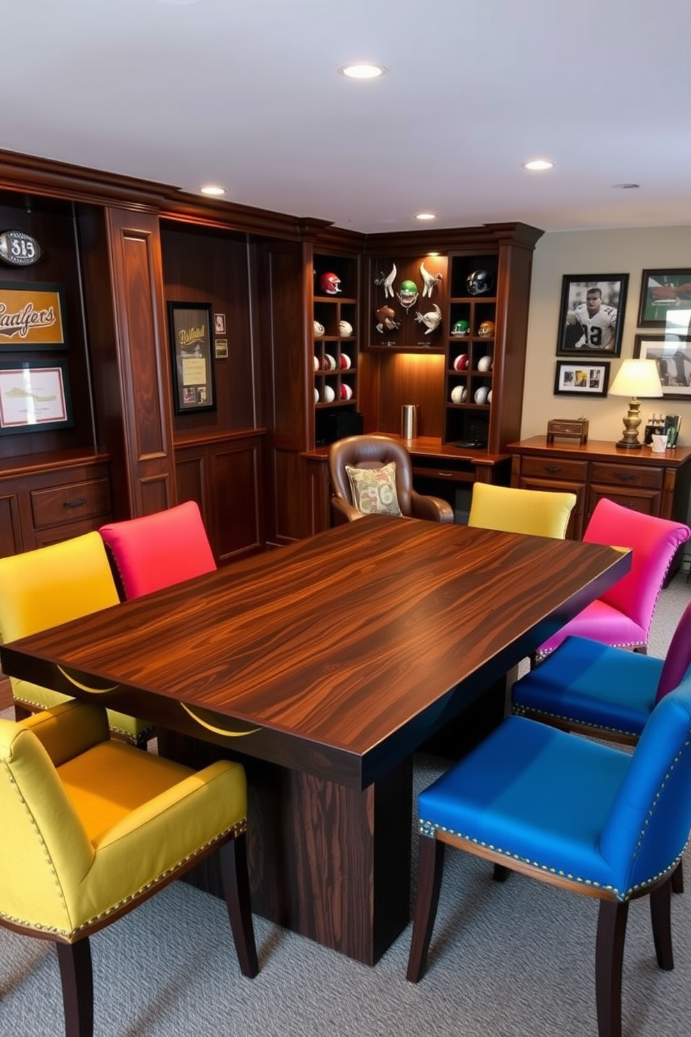 A game table designed for entertainment and fun features a sleek rectangular surface made of dark wood. Surrounding the table are comfortable upholstered chairs in vibrant colors, creating an inviting atmosphere for friends and family. The man cave office design combines relaxation with productivity, showcasing a rustic wooden desk paired with a plush leather chair. The walls are adorned with framed sports memorabilia and ambient lighting, enhancing the cozy yet functional space.