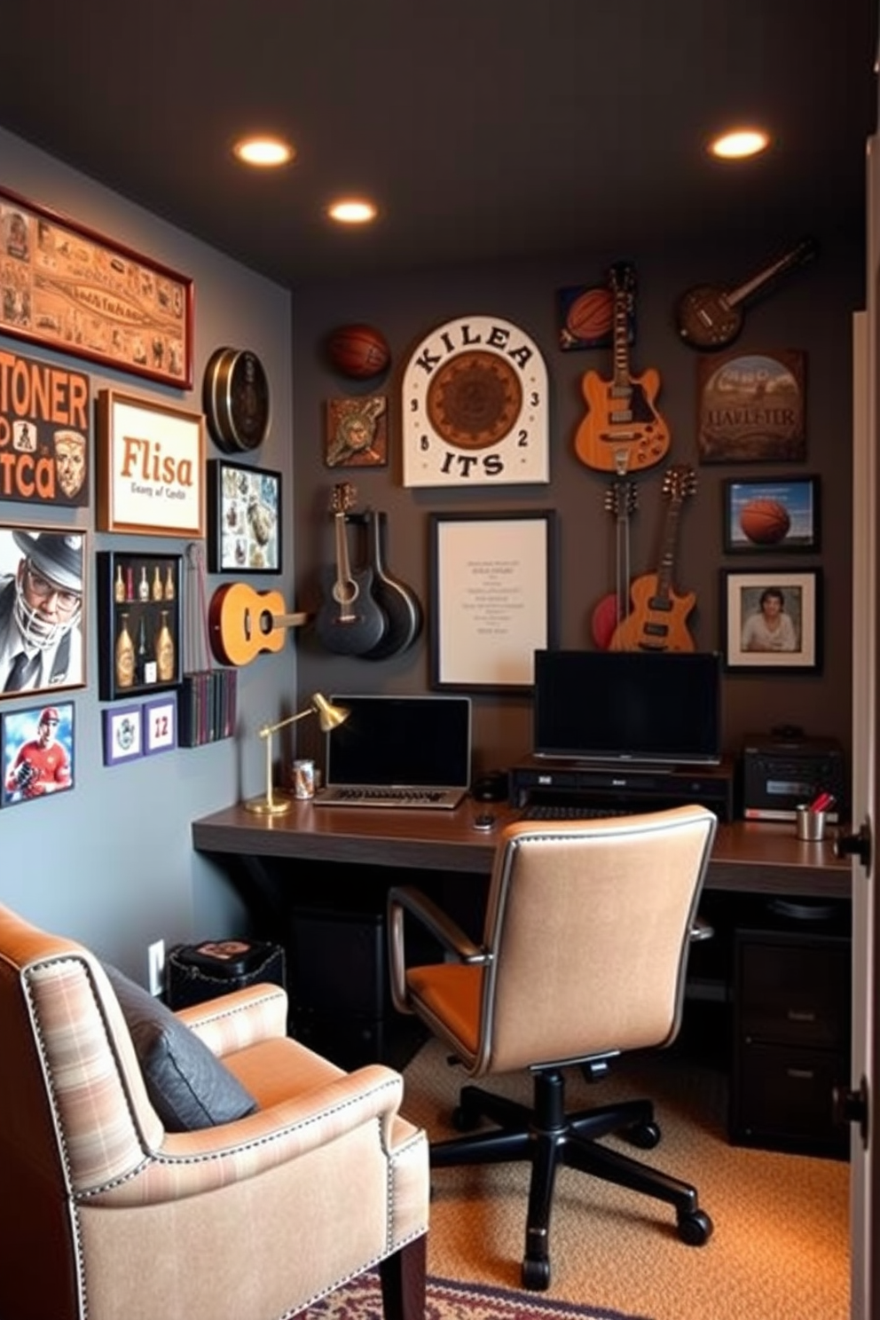 Create a cozy man cave office that reflects personal hobbies and interests. Incorporate personalized wall art that showcases items like sports memorabilia, musical instruments, or travel photos to create a unique atmosphere. Design a functional workspace with a comfortable chair and a stylish desk that complements the theme of the room. Use warm lighting and rich textures to enhance the inviting ambiance of the space.