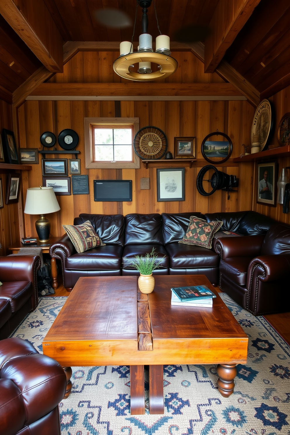 A cozy man cave shed with rustic wood paneling and rich leather furniture. The space features a large leather sectional sofa centered around a reclaimed wood coffee table, with vintage decor adorning the walls.