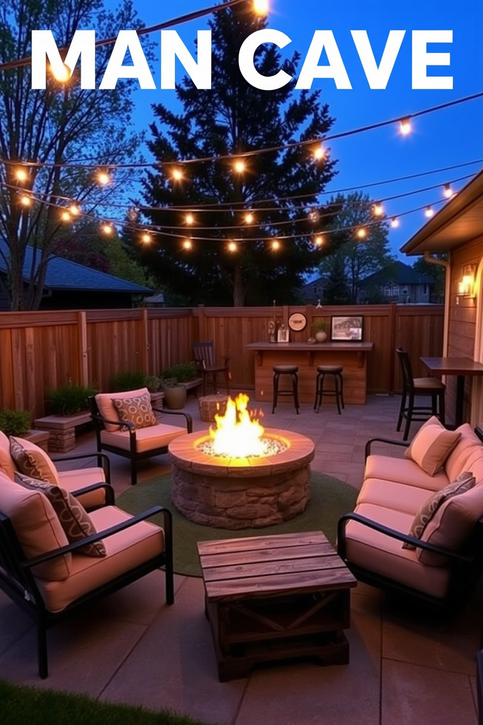 Create an inviting outdoor patio with a cozy fire pit setup. Surround the fire pit with comfortable seating, including plush chairs and a rustic wooden bench, while string lights create a warm ambiance overhead. Design a stylish man cave shed that combines comfort and functionality. Incorporate a large sectional sofa, a bar area with high stools, and wall-mounted shelves displaying sports memorabilia and personal collectibles.