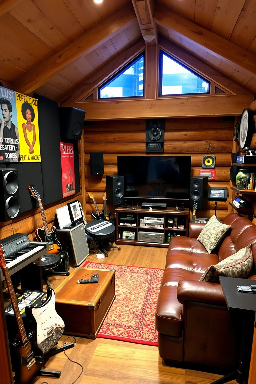 A cozy music corner featuring a vintage record player surrounded by an array of musical instruments including a guitar, keyboard, and drums. The walls are adorned with soundproof panels and vibrant posters of iconic musicians, while stylish speakers are positioned for optimal sound. A rustic man cave shed designed for relaxation and entertainment with a leather sectional sofa facing a large flat-screen TV. The interior is accented with wooden beams, a bar area stocked with drinks, and sports memorabilia displayed on the walls, creating a perfect retreat for friends and family.