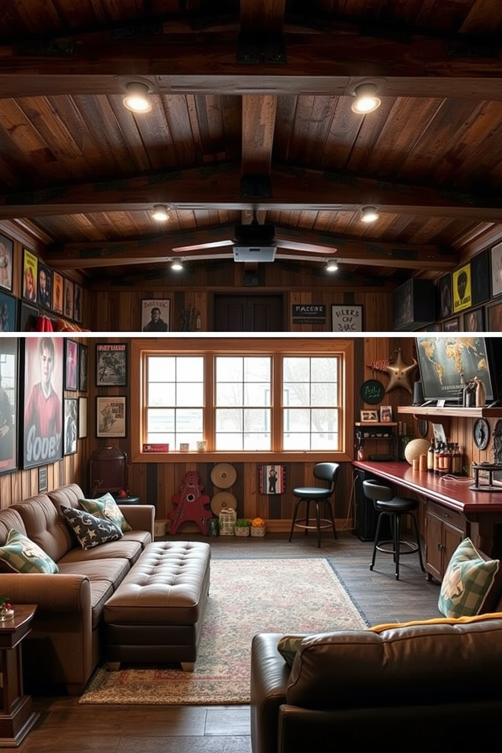 A cozy game table setting designed for board game nights. The table is surrounded by comfortable upholstered chairs, and the walls are adorned with shelves filled with board games and collectibles. A rustic man cave shed featuring wooden beams and a stone fireplace. The space includes a bar area with high stools, a large sectional sofa, and ambient lighting for a relaxed atmosphere.