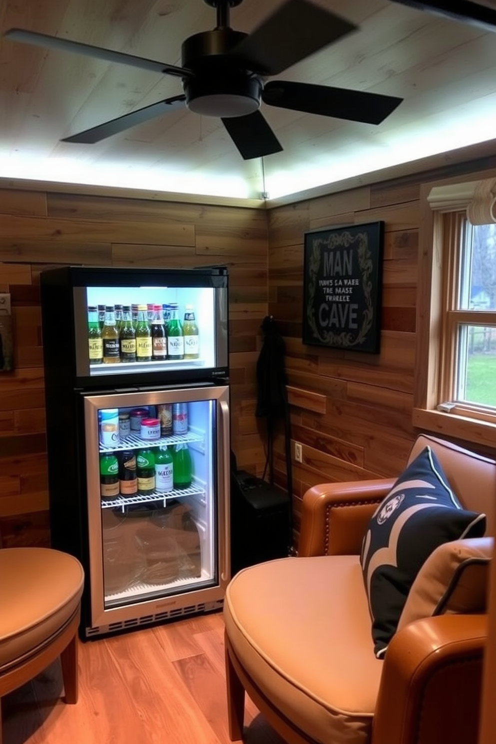 A cozy man cave shed featuring a mini fridge stocked with favorite drinks. The interior is designed with rustic wooden walls and a comfortable seating area, perfect for relaxation and entertainment.