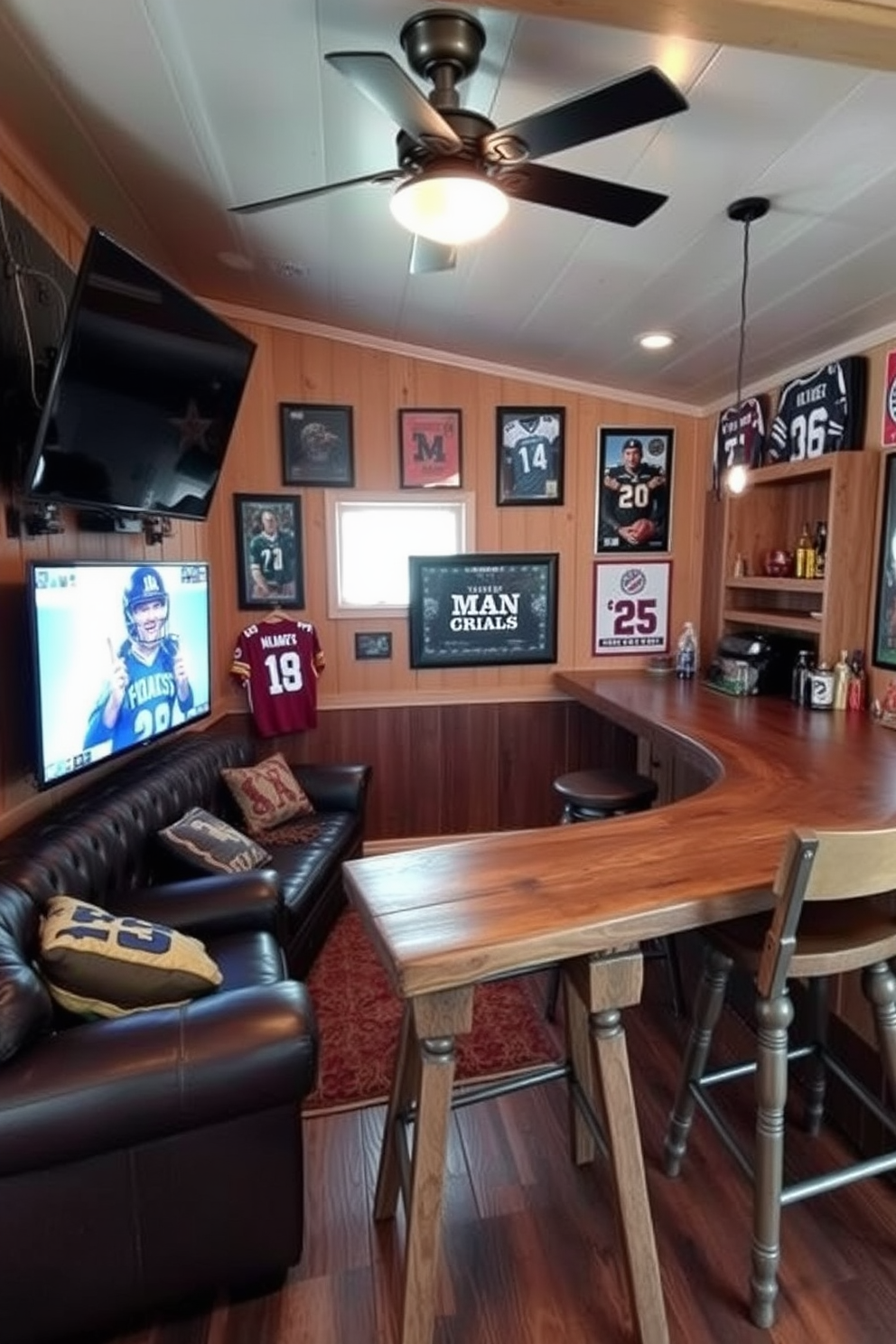 A cozy man cave shed designed for relaxation and entertainment. The interior features a comfortable leather sofa, a large flat-screen TV mounted on the wall, and shelves filled with memorabilia from favorite sports teams. The walls are adorned with framed jerseys and posters, creating an inviting atmosphere. A rustic wooden bar with high stools sits in one corner, perfect for enjoying drinks while watching the game.