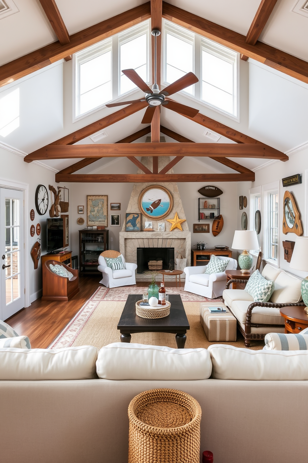 A serene coastal living room filled with beach-inspired decor. The walls are painted in soft pastel shades, and large windows allow natural light to flood the space, showcasing ocean views. A cozy man cave shed with rustic charm and comfortable seating. The interior features wooden beams, a stone fireplace, and vintage sports memorabilia adorning the walls.