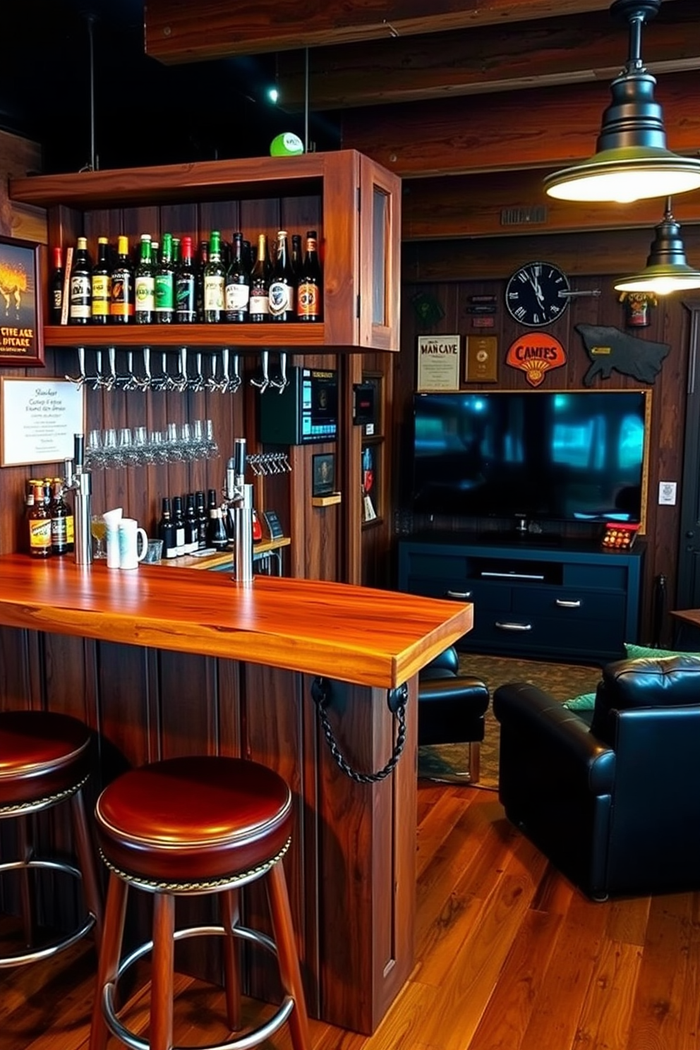 A craft beer tap station designed for tastings featuring a rustic wooden bar with multiple taps. Behind the bar, shelves display an assortment of craft beer bottles and glassware, while bar stools with leather seats provide comfortable seating. A man cave shed designed for relaxation and entertainment with cozy seating arrangements and a large flat-screen TV. The interior is adorned with sports memorabilia and ambient lighting, creating an inviting atmosphere for gatherings.