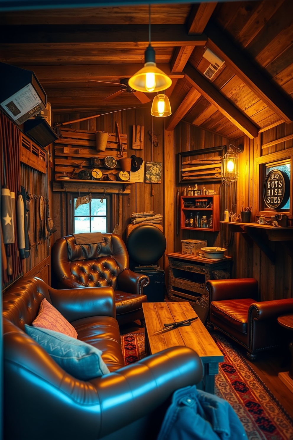 A cozy man cave shed featuring a rustic charm. The walls are adorned with reclaimed wood and fishing gear is displayed on shelves made from old pallets. A comfortable seating area includes a vintage leather sofa and a wooden coffee table. The lighting is warm and inviting, with pendant lights hanging from the ceiling beams.