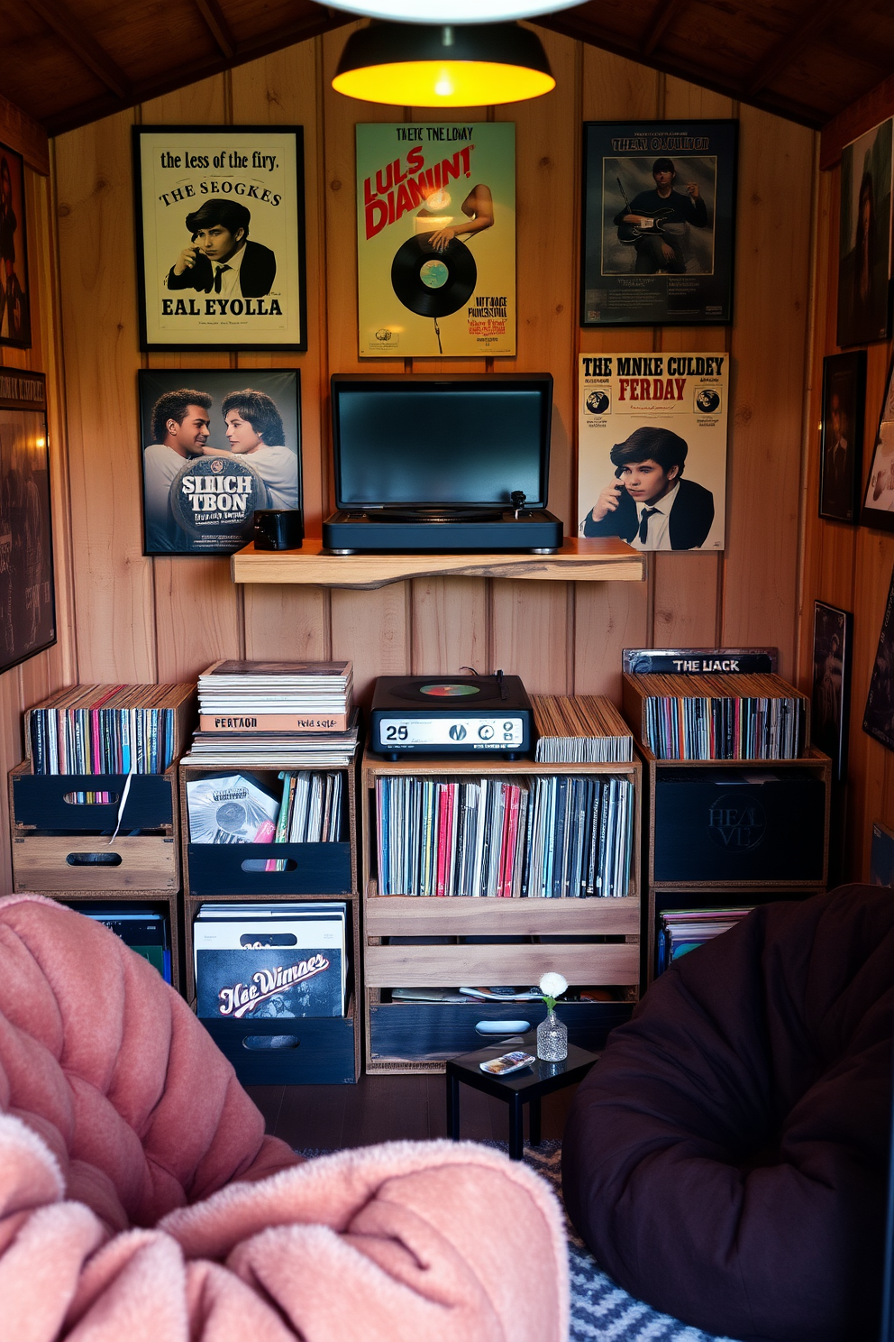 A cozy man cave shed featuring a vintage record player prominently displayed on a rustic wooden shelf. Surrounding the player is a curated collection of vinyl records organized in stylish crates, with warm ambient lighting creating an inviting atmosphere. The walls are adorned with vintage music posters and framed album covers, adding character to the space. A plush seating area with retro bean bags and a small coffee table completes the design, offering a perfect spot for relaxation and music enjoyment.