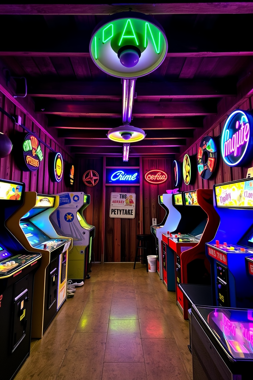 A cozy man cave shed features vintage arcade games lining the walls, each with vibrant colors and retro designs. Neon signs illuminate the space, casting a warm glow and creating an inviting atmosphere for relaxation and entertainment.