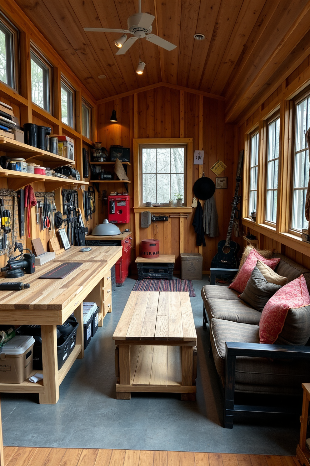 A cozy workshop area for DIY projects features a sturdy wooden workbench with ample storage underneath. Shelves filled with tools and materials line the walls, while large windows provide plenty of natural light. The man cave shed design includes comfortable seating with plush cushions and a rustic wooden coffee table. Decorated with memorabilia and ambient lighting, the space has a welcoming atmosphere perfect for relaxation and entertainment.