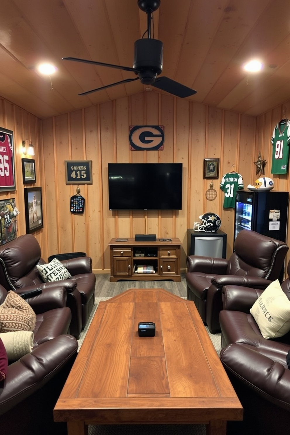 A cozy movie room featuring plush seating arranged for optimal viewing. The walls are painted a deep navy blue, and blackout curtains frame the large screen, enhancing the cinematic experience. A stylish man cave shed designed for relaxation and entertainment. Inside, there are comfortable lounge chairs, a rustic wooden bar, and decor that reflects a personal touch with sports memorabilia and vintage signs.