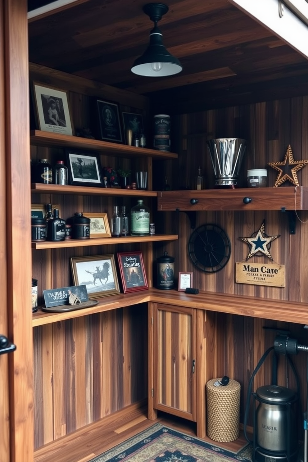 A cozy man cave shed filled with natural light streaming through large windows. The interior features comfortable seating with plush cushions, a rustic wooden bar, and a wall-mounted flat-screen TV for entertainment.