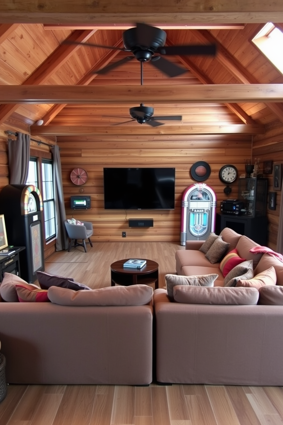 A cozy man cave shed designed for relaxation and entertainment. The space features comfortable seating with plush cushions, a rustic wooden bar, and shelves filled with books and games. Indoor plants are strategically placed around the room to enhance the fresh atmosphere. Lush greenery complements the warm tones of the wood and adds a vibrant touch to the overall design.