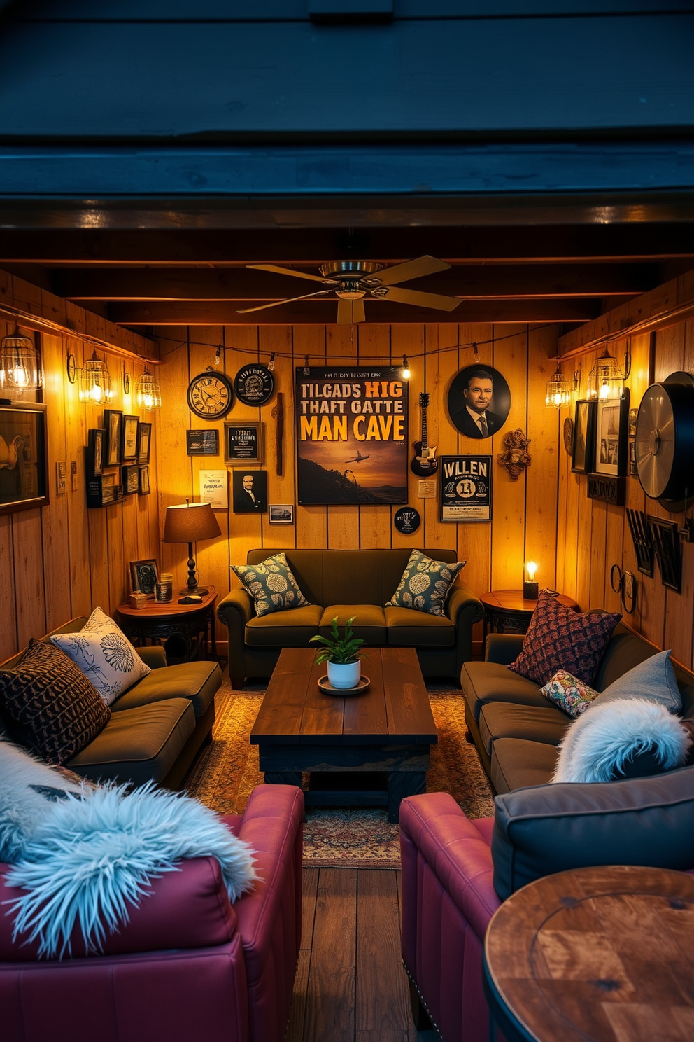 A cozy man cave shed with mood lighting that enhances the atmosphere. The space features dimmable fixtures that allow for adjustable brightness to create the perfect ambiance. Inside, there are plush seating options arranged around a rustic wooden coffee table. The walls are adorned with vintage memorabilia and soft, warm colors to invite relaxation.