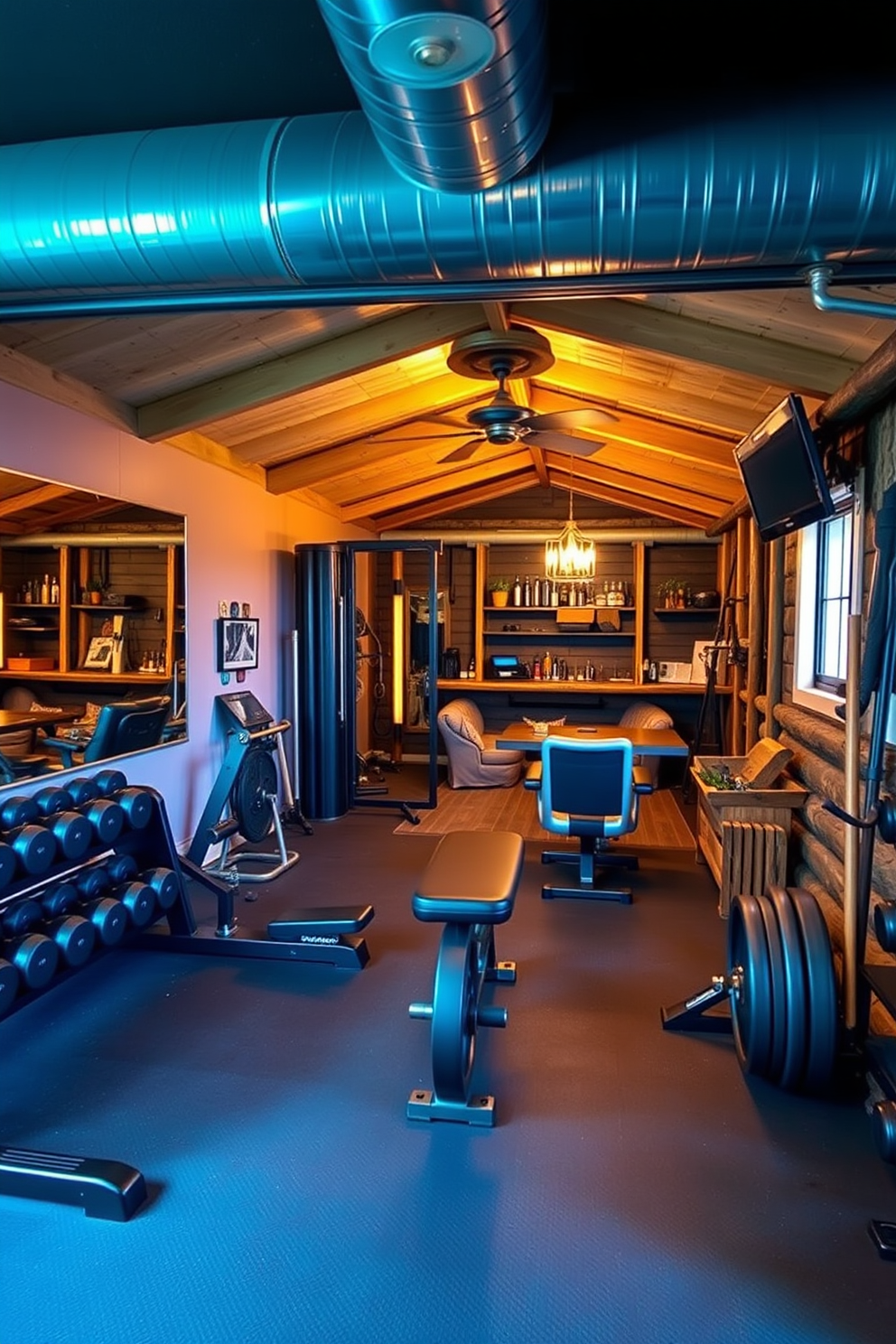 A personal gym area featuring modern workout equipment. The space includes a large mirror on one wall, rubber flooring, and a variety of weights and machines neatly arranged. A man cave shed designed for relaxation and entertainment. The interior showcases comfortable seating, a bar area, and rustic decor with warm lighting creating a cozy atmosphere.