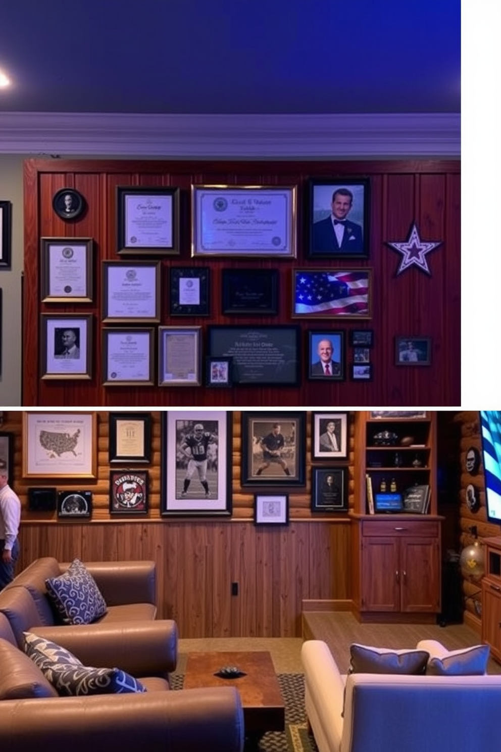 A wall of fame showcasing personal achievements. This design includes framed certificates, awards, and photographs displayed in a cohesive arrangement on a rich wooden panel. The man cave shed features a cozy lounge area with plush seating and a rustic wooden bar. Ambient lighting creates a warm atmosphere, while sports memorabilia and a large screen for entertainment add personality.