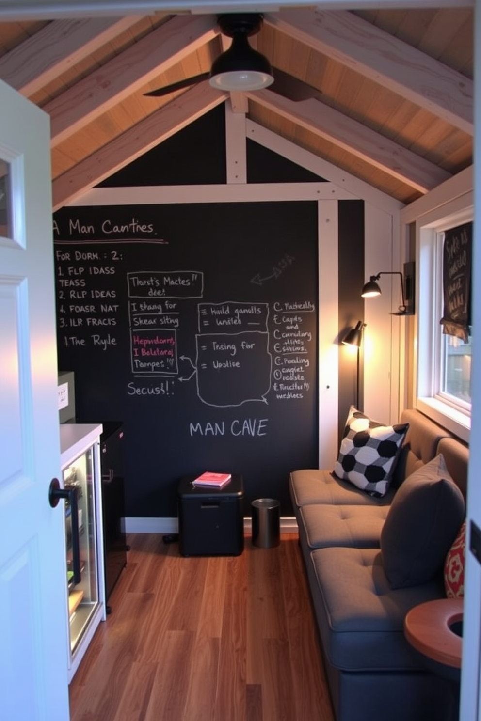 A stylish man cave shed featuring a large chalkboard wall for notes and ideas. The space is equipped with comfortable seating, a mini-fridge, and ambient lighting to create a cozy atmosphere.