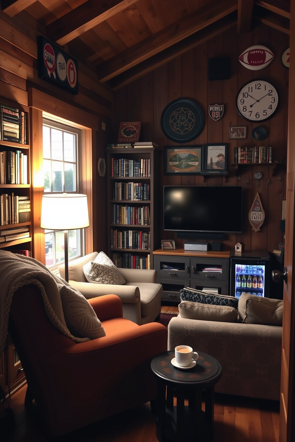 Cozy reading nook with bookshelves. A comfortable armchair is positioned next to a tall bookshelf filled with an array of books. Soft lighting from a nearby floor lamp creates a warm ambiance. A plush throw blanket is draped over the armchair, and a small side table holds a steaming cup of tea. Man Cave Shed Design Ideas. A rustic wooden shed features a large sectional sofa facing a mounted flat-screen TV. The walls are adorned with vintage sports memorabilia, and a mini-fridge stocked with beverages sits in the corner.