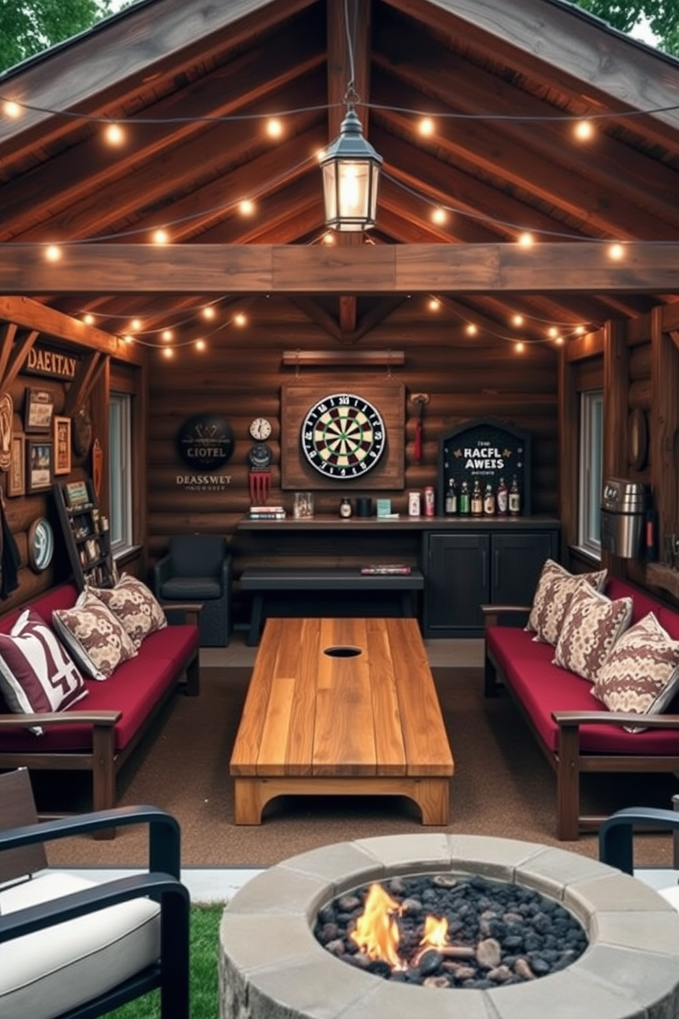 A cozy man cave shed designed for outdoor games features a rustic wooden structure with ample seating and a large table for playing cornhole. The walls are adorned with sports memorabilia, and string lights create a warm ambiance for evening gatherings. In one corner, a dartboard is mounted above a small bar area stocked with drinks and snacks. Comfortable lounge chairs and a fire pit complete the inviting atmosphere, making it the perfect retreat for entertaining friends.