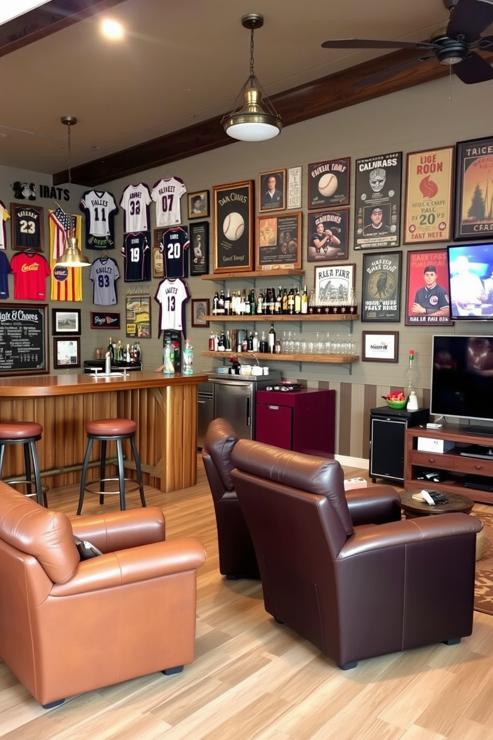 A sports memorabilia wall features framed jerseys, signed baseballs, and vintage posters arranged in a visually appealing layout. The bar area includes a rustic wooden bar with high stools, a chalkboard menu, and shelves displaying an array of spirits and glassware. The man cave shed design incorporates cozy seating with leather recliners and a large flat-screen TV for game day viewing. Ambient lighting enhances the atmosphere, while a small fridge and snack station provide easy access to refreshments.