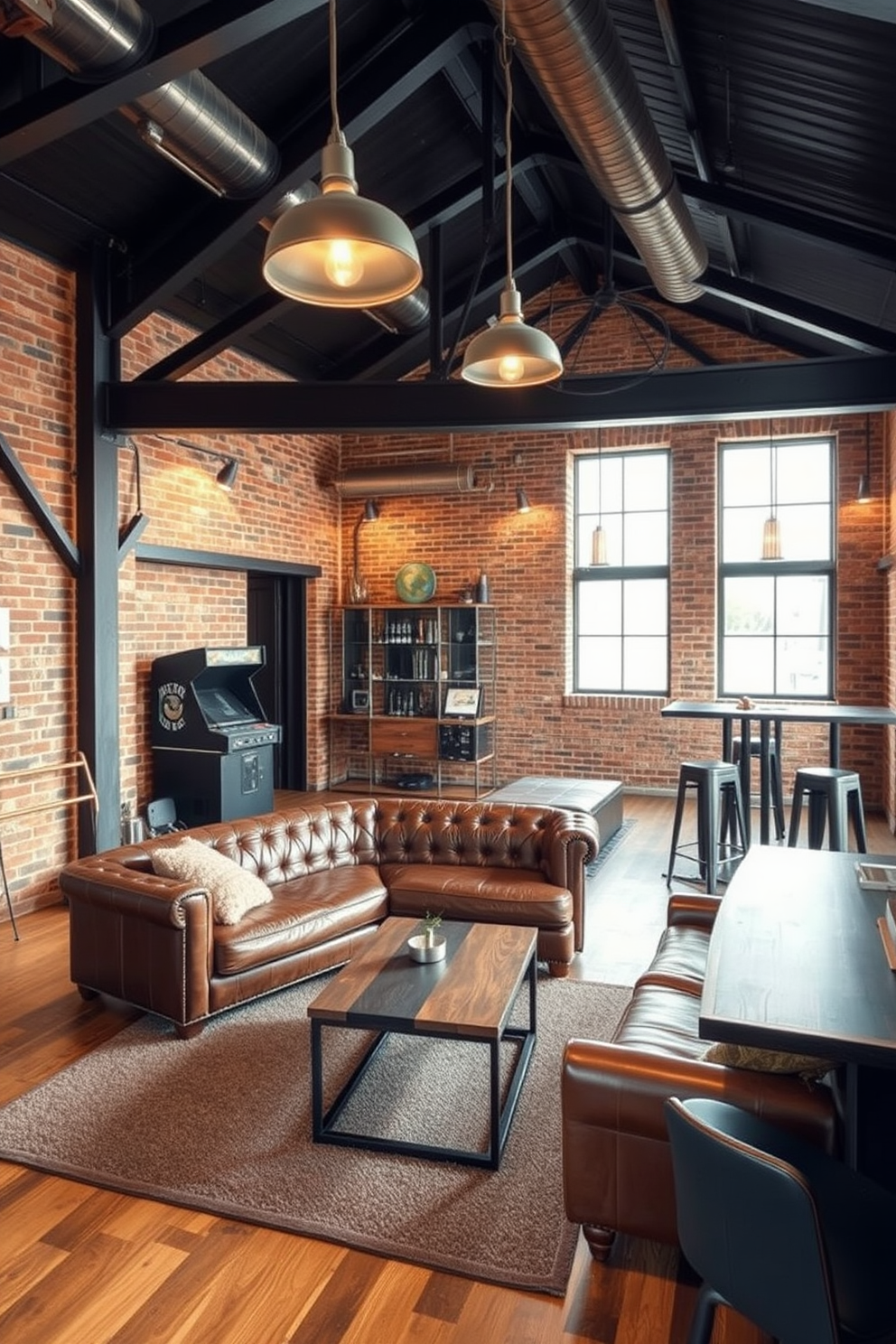 An industrial style man cave shed features exposed brick walls and large metal beams supporting the ceiling. The space is furnished with a leather sectional sofa and a reclaimed wood coffee table, complemented by metal accent pieces throughout. A vintage arcade game stands in one corner, while a sleek bar with metal stools occupies another. Ambient lighting from pendant fixtures hangs above, casting a warm glow over the entire room.