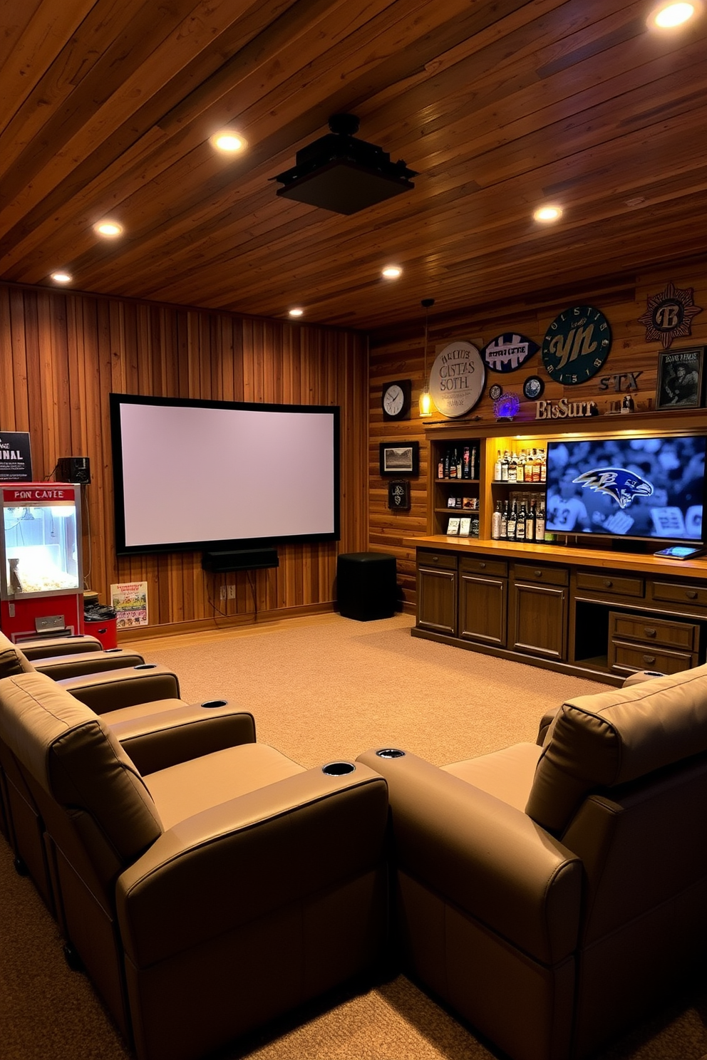 A cozy home theater setup features a large projector screen mounted on the wall with comfortable reclining seats arranged in a staggered formation. Soft ambient lighting creates a warm atmosphere, while a popcorn machine sits in the corner, adding a fun touch to movie nights. The man cave shed design includes rustic wooden walls adorned with sports memorabilia and a vintage bar area stocked with beverages. Plush seating and a large flat-screen TV complete the space, making it the perfect retreat for relaxation and entertainment.