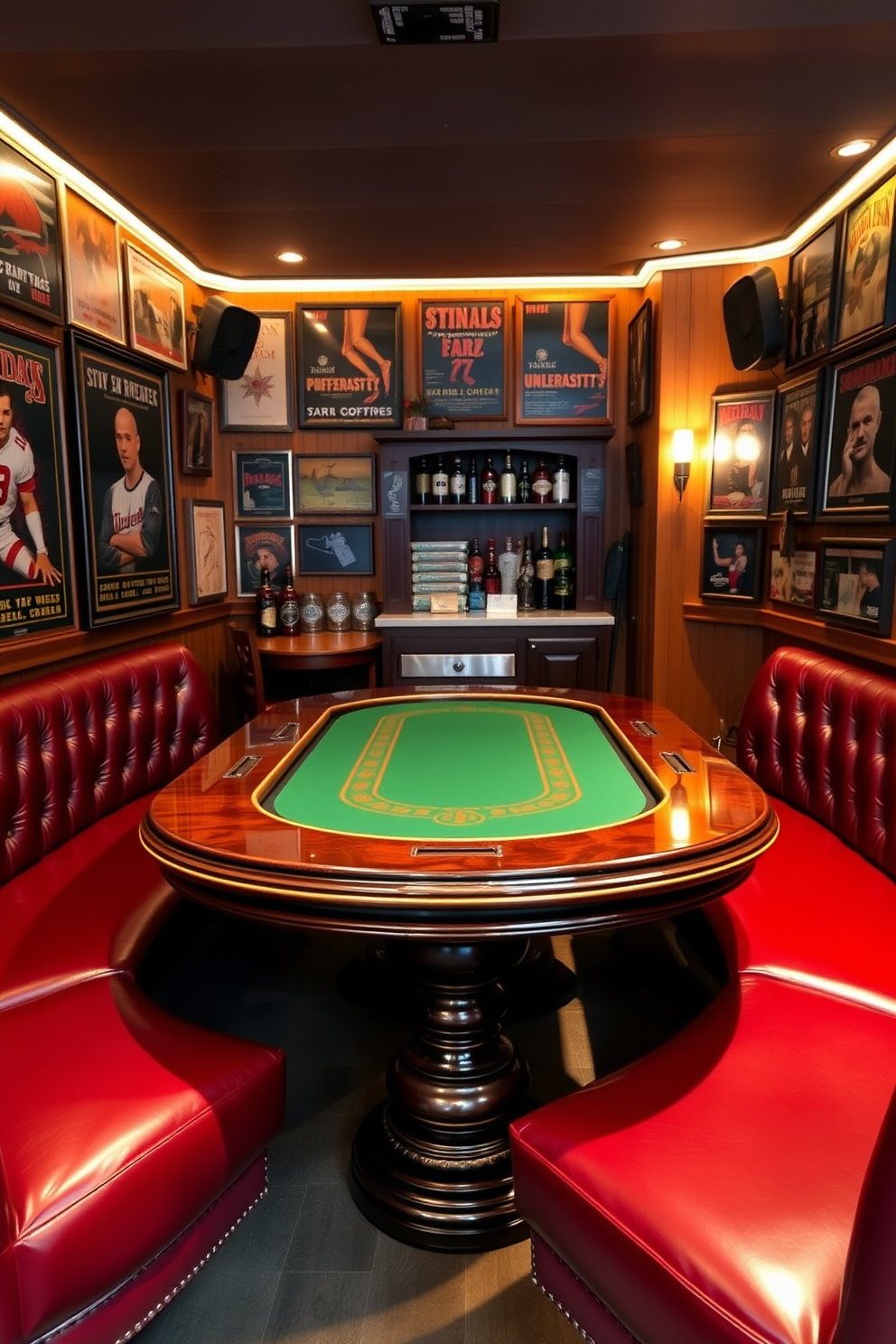 A stylish game table designed for poker and board games. The table features a rich mahogany finish with a green felt surface, surrounded by plush leather seating in deep burgundy. The walls of the man cave shed are adorned with vintage posters and sports memorabilia. Ambient lighting creates a warm atmosphere, while a small bar area stocked with drinks adds to the inviting space.