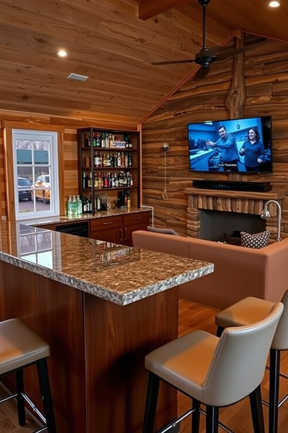 A cozy man cave designed for relaxation and entertainment. The walls are lined with soundproofing panels in a rich dark color, creating a serene atmosphere. The layout features a plush sectional sofa positioned around a custom-built entertainment center. Ambient lighting highlights the space, while a small bar area adds a touch of sophistication.