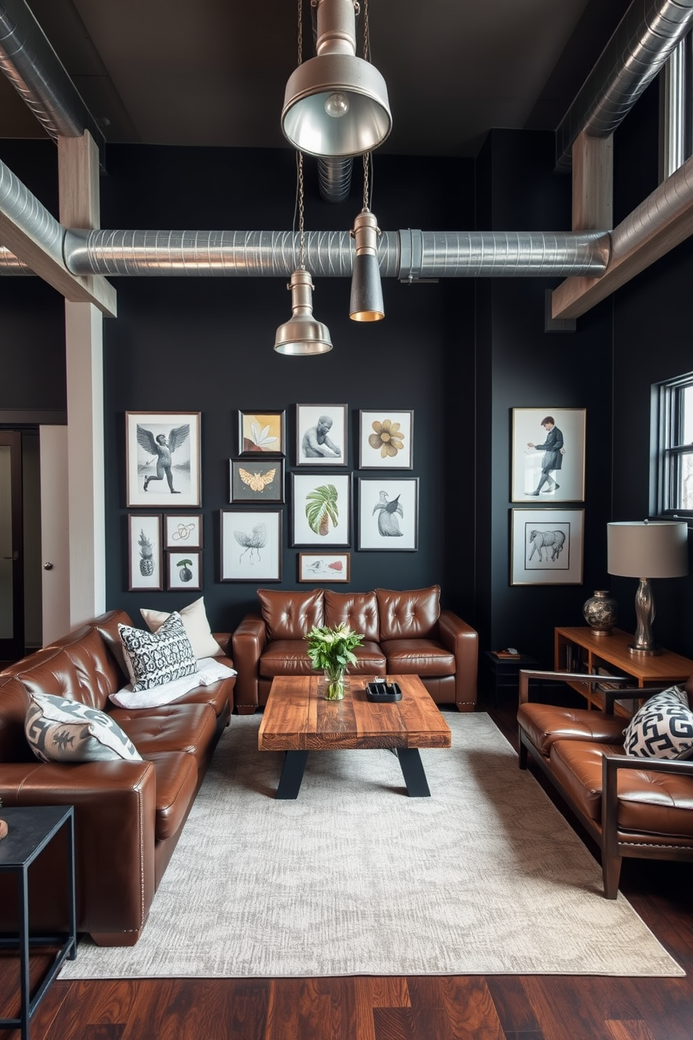 A stylish living room featuring industrial metal accents combined with warm wood furniture. The space includes a large leather sofa, a reclaimed wood coffee table, and metal light fixtures hanging from the ceiling. The walls are painted in a deep charcoal color, creating a bold backdrop for the room. A large area rug with geometric patterns anchors the seating area, while a collection of framed artwork adds personality to the space.