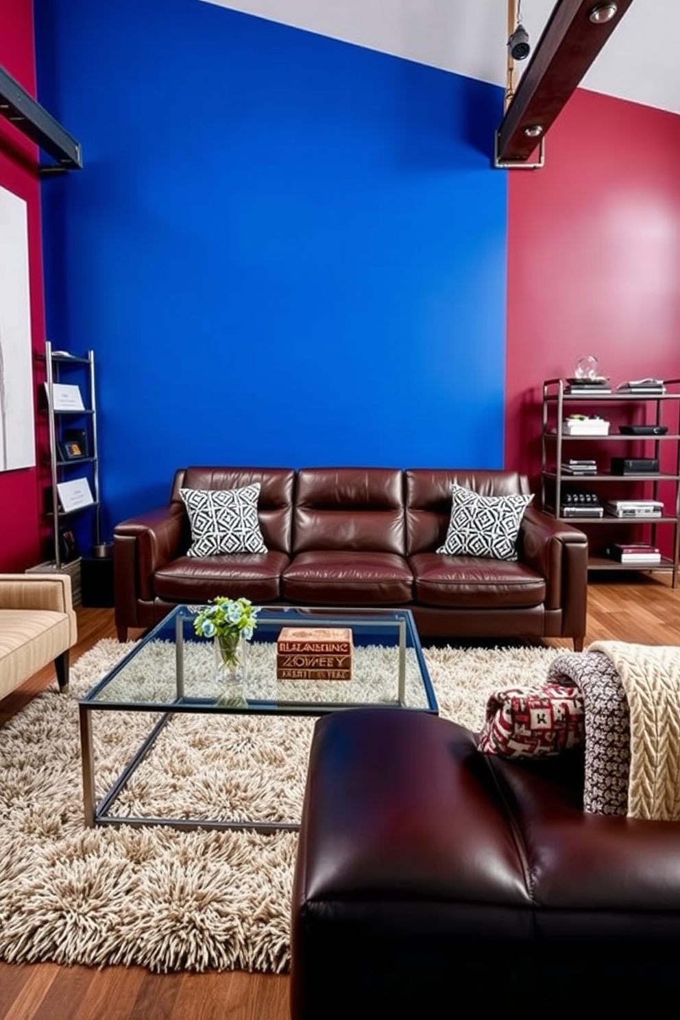 A bold living room design featuring accent walls painted in vibrant color blocks such as deep blue and rich burgundy. The space includes a large leather sofa with geometric patterned throw pillows and a sleek glass coffee table at the center. Incorporate industrial elements like a metal shelving unit and exposed light fixtures to enhance the masculine aesthetic. A plush area rug in neutral tones anchors the seating area, adding warmth to the overall design.