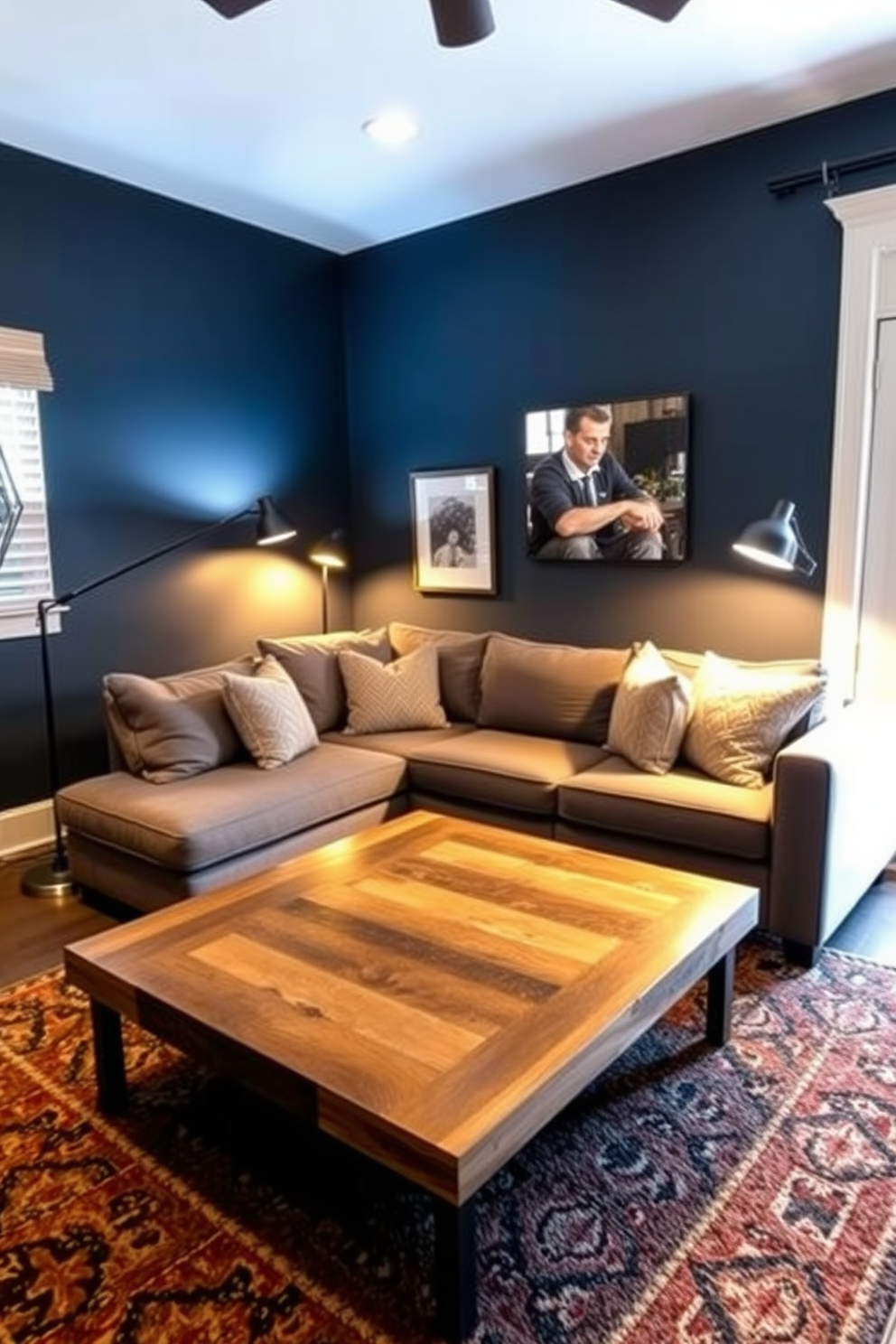 A stylish living room designed for a masculine aesthetic. The space features layered lighting with sleek floor and table lamps strategically placed to create a warm and inviting atmosphere. The walls are painted in a deep navy blue, complemented by a plush gray sectional sofa adorned with textured throw pillows. A contemporary coffee table made of reclaimed wood sits atop a rich area rug, adding warmth and character to the room.