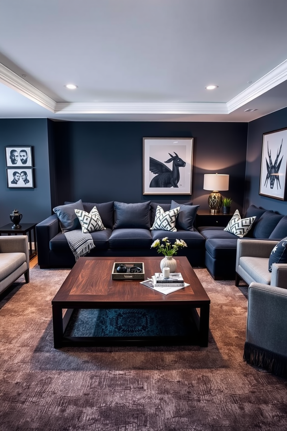 A stylish living room featuring open shelving designed to display an array of collectibles. The shelves are made of dark wood and are elegantly arranged against a light gray wall, showcasing a mix of books, art pieces, and personal mementos. The seating area includes a large leather sofa and a pair of rugged armchairs, complemented by a reclaimed wood coffee table. Soft lighting from industrial-style fixtures creates a warm and inviting atmosphere, perfect for relaxation and entertaining.