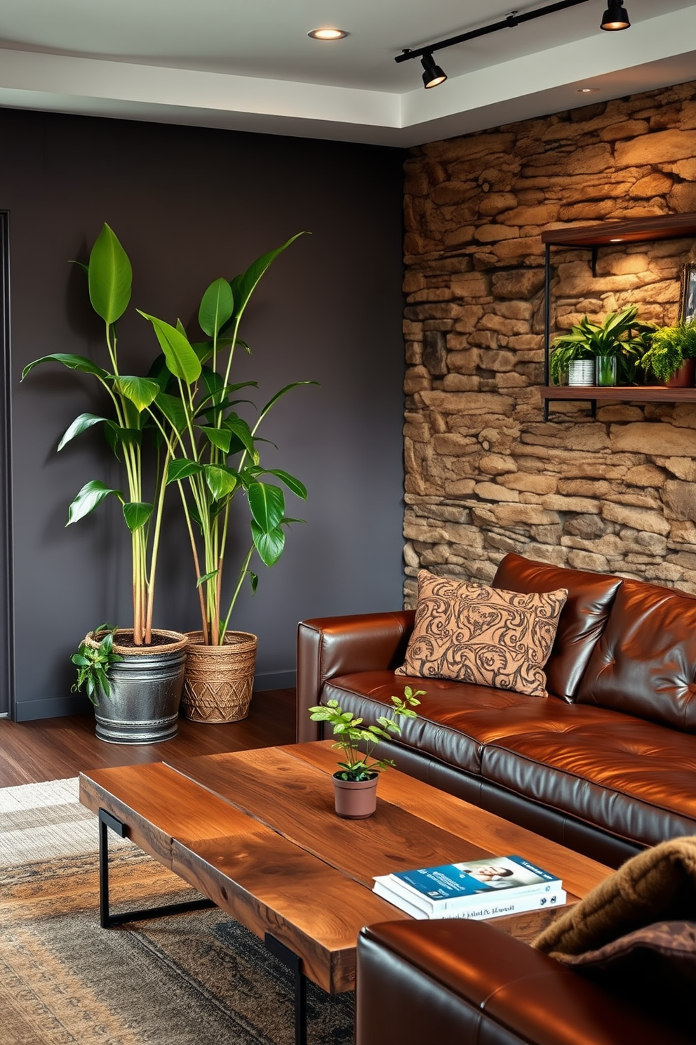 A stylish living room that incorporates natural elements like lush green plants and textured stones. The space features a large leather sofa, a reclaimed wood coffee table, and a stone accent wall that adds warmth and character. In the corner, a tall indoor plant brings life to the room, while a few smaller potted plants are strategically placed on shelves. The color palette consists of deep earthy tones, complemented by metal accents to create a masculine yet inviting atmosphere.