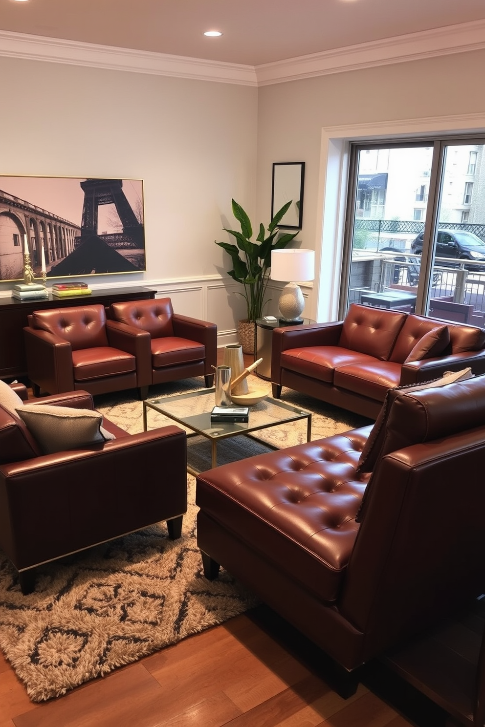 A stylish living room features leather armchairs paired with a luxurious chaise lounge. The space is accented by a modern coffee table and a plush area rug, creating a warm and inviting atmosphere.