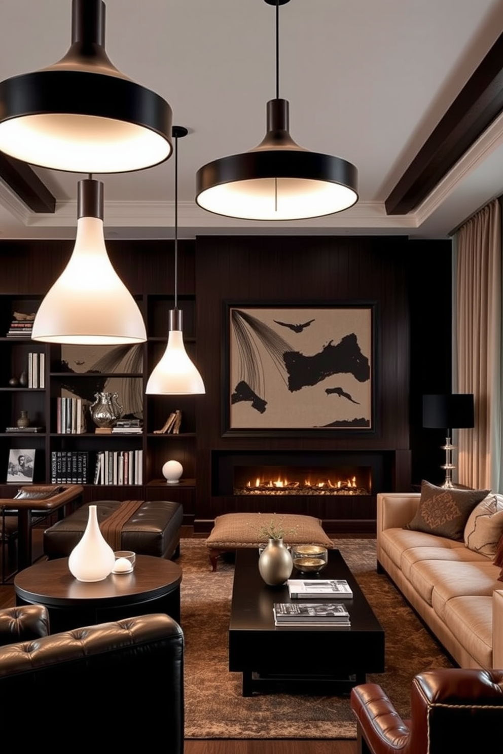 A minimalist living room design featuring a sleek leather sofa in deep charcoal. The walls are painted in a soft white, and a large abstract painting adds a pop of color above the low-profile coffee table. Incorporate a statement floor lamp with a brushed metal finish beside the sofa. A plush area rug in muted tones anchors the space, while open shelving displays curated books and decorative objects.