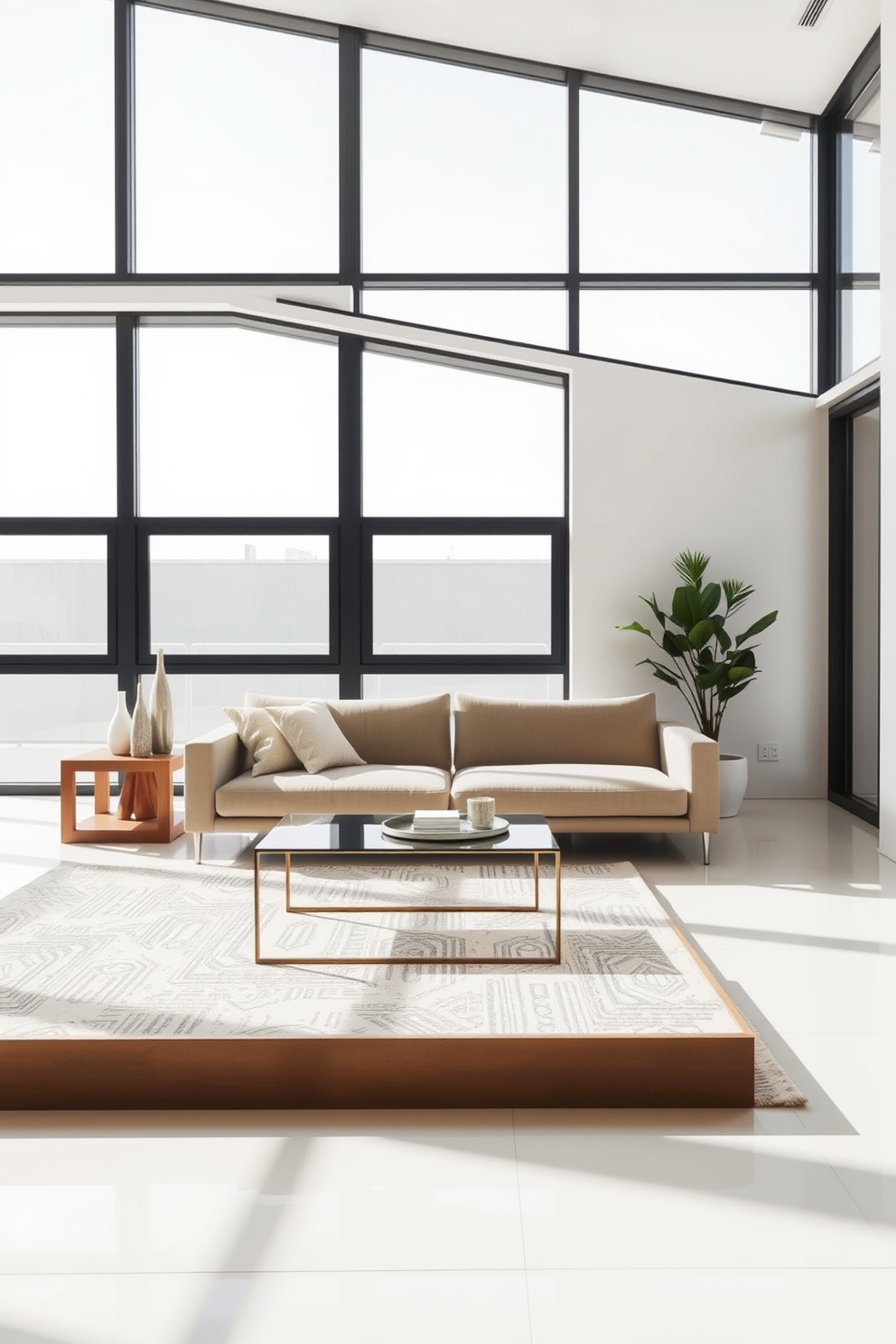 A minimalist living room featuring clean lines and a neutral color palette. The space includes a sleek low-profile sofa, a simple coffee table, and a geometric area rug that adds texture without overwhelming the design. Large windows allow natural light to flood the room, highlighting the simplicity of the furnishings. A few carefully selected decorative items, such as a modern sculpture and a potted plant, provide subtle accents while maintaining the overall minimalist aesthetic.