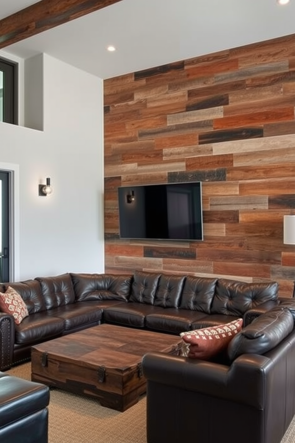 A striking accent wall features reclaimed wood panels that add warmth and texture to the space. The rich tones of the wood contrast beautifully with the surrounding neutral walls, creating a focal point in the room. The living room is designed with a masculine aesthetic in mind, incorporating deep colors and robust furniture. A large leather sofa is complemented by a rugged coffee table and industrial-style lighting fixtures.