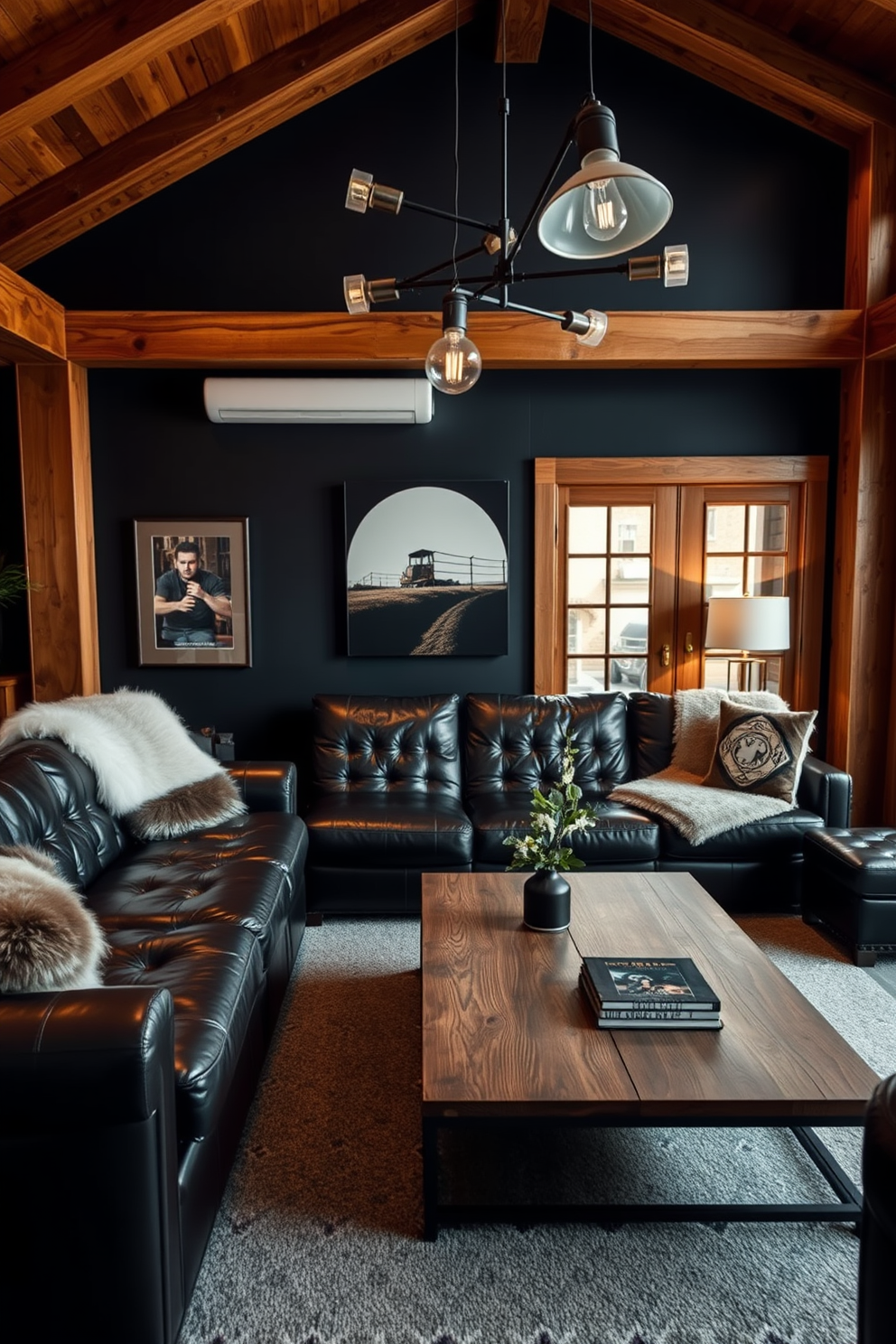 A striking living room featuring rich dark wood furniture that exudes sophistication. The space is adorned with a large leather sofa, complemented by a wooden coffee table with intricate detailing. Warm lighting casts a cozy glow over the room, highlighting the textures of the dark wood. A large area rug anchors the seating arrangement, while bold artwork adorns the walls, adding a touch of personality.