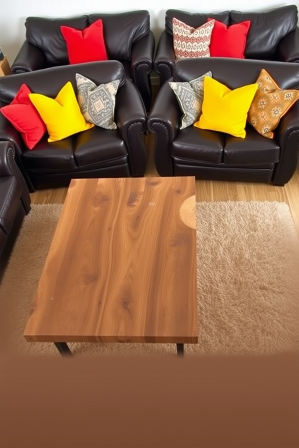 A cozy living room featuring dark leather sofas adorned with bold throw pillows in vibrant colors. The space is accented by a sleek coffee table made of reclaimed wood, complemented by a plush area rug beneath.