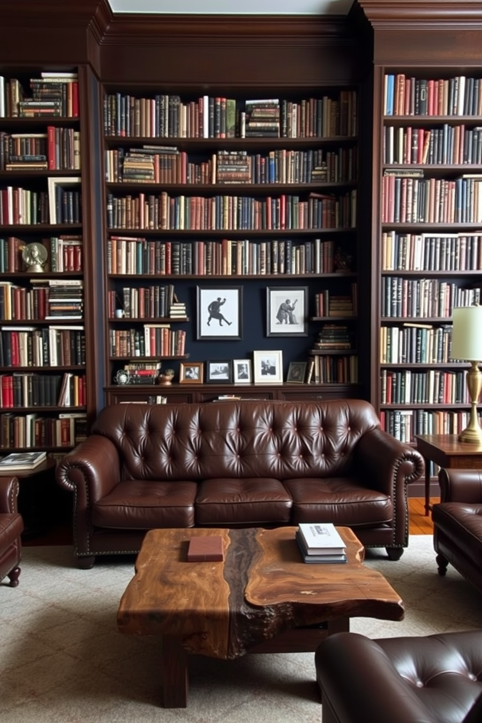 A classic living room setting featuring bookshelves filled with novels that reach from floor to ceiling. The shelves are made of dark wood and are adorned with a mix of vintage and modern bookends, creating an inviting atmosphere. In the center, a large leather sofa in deep brown complements a rustic coffee table made of reclaimed wood. The walls are painted in a rich navy blue, and a few framed black and white photographs add a touch of sophistication.