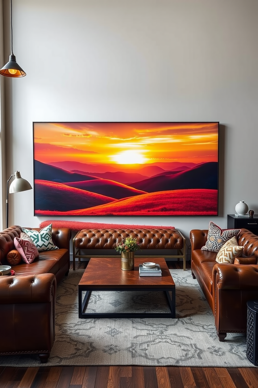 A stylish living room that combines leather and fabric materials for a masculine aesthetic. The space features a deep brown leather sofa paired with textured fabric armchairs in a rich navy hue. The walls are adorned with dark wood paneling, creating a warm and inviting atmosphere. A large area rug with geometric patterns anchors the seating arrangement, while a sleek coffee table made of glass and metal adds a modern touch.