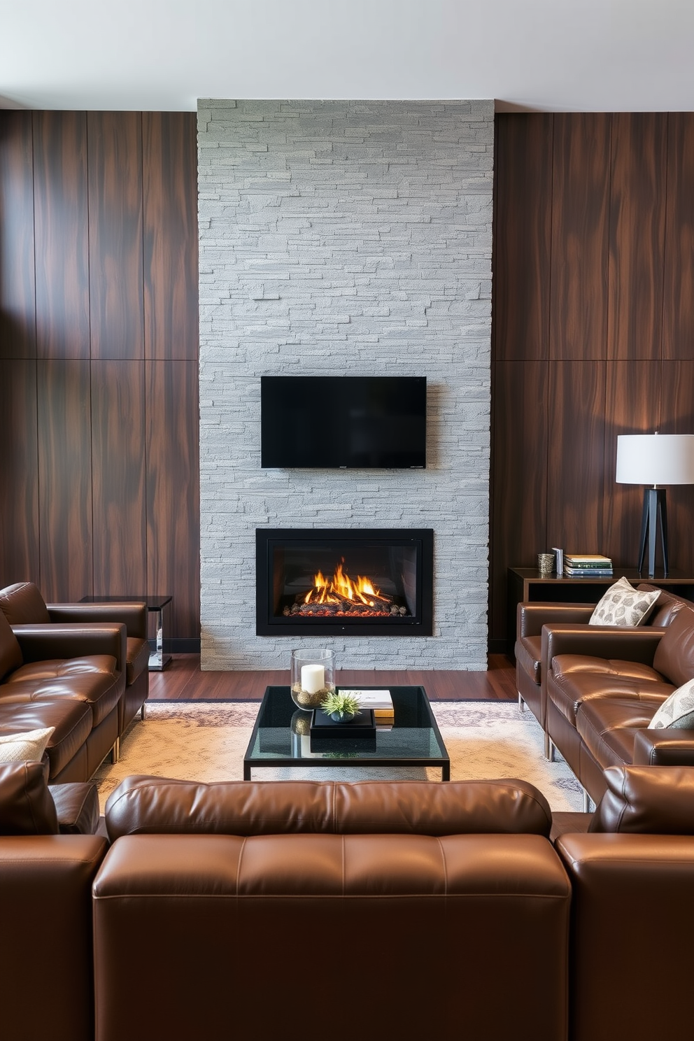 A modern fireplace serves as the focal point of the living room, featuring a sleek stone facade and a minimalist design. Surrounding the fireplace, plush leather seating in deep shades creates a warm and inviting atmosphere. The walls are adorned with dark wood paneling, adding a masculine touch to the space. A large area rug anchors the seating arrangement, while stylish side tables hold contemporary decor pieces.