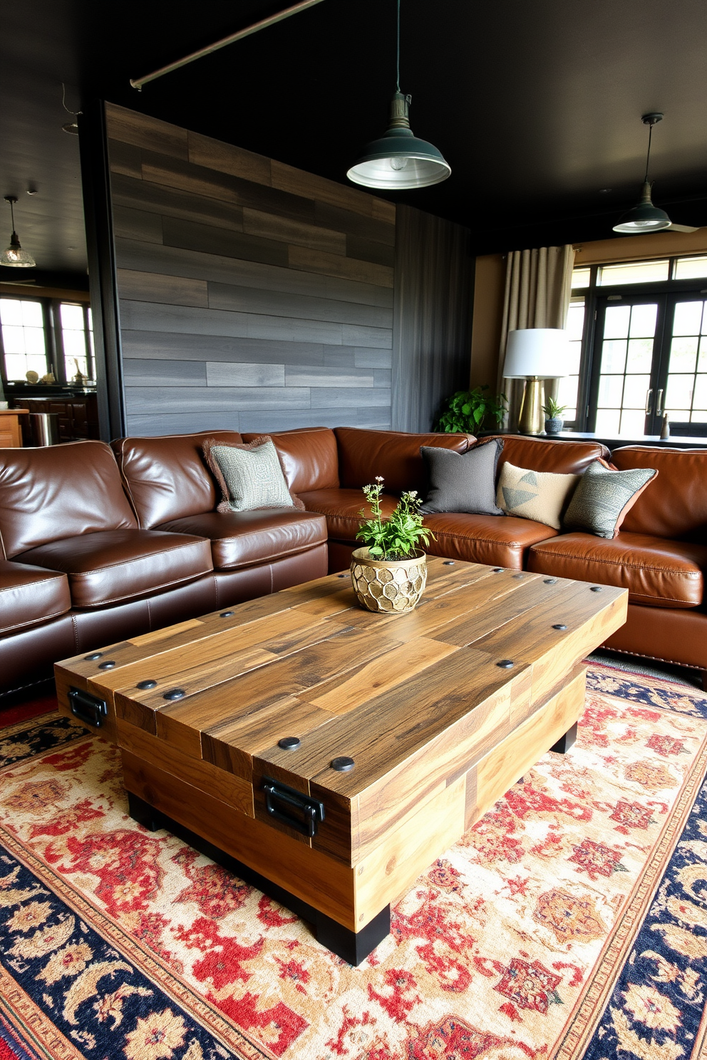 A bold living room featuring geometric furniture shapes that create a modern and masculine aesthetic. The space includes a sleek sectional sofa with angular lines, paired with a glass coffee table that has a unique geometric base. Accent chairs with sharp corners and metallic finishes are strategically placed to enhance the contemporary vibe. The walls are painted in a deep navy blue, complemented by a large abstract art piece that adds a striking focal point to the room.