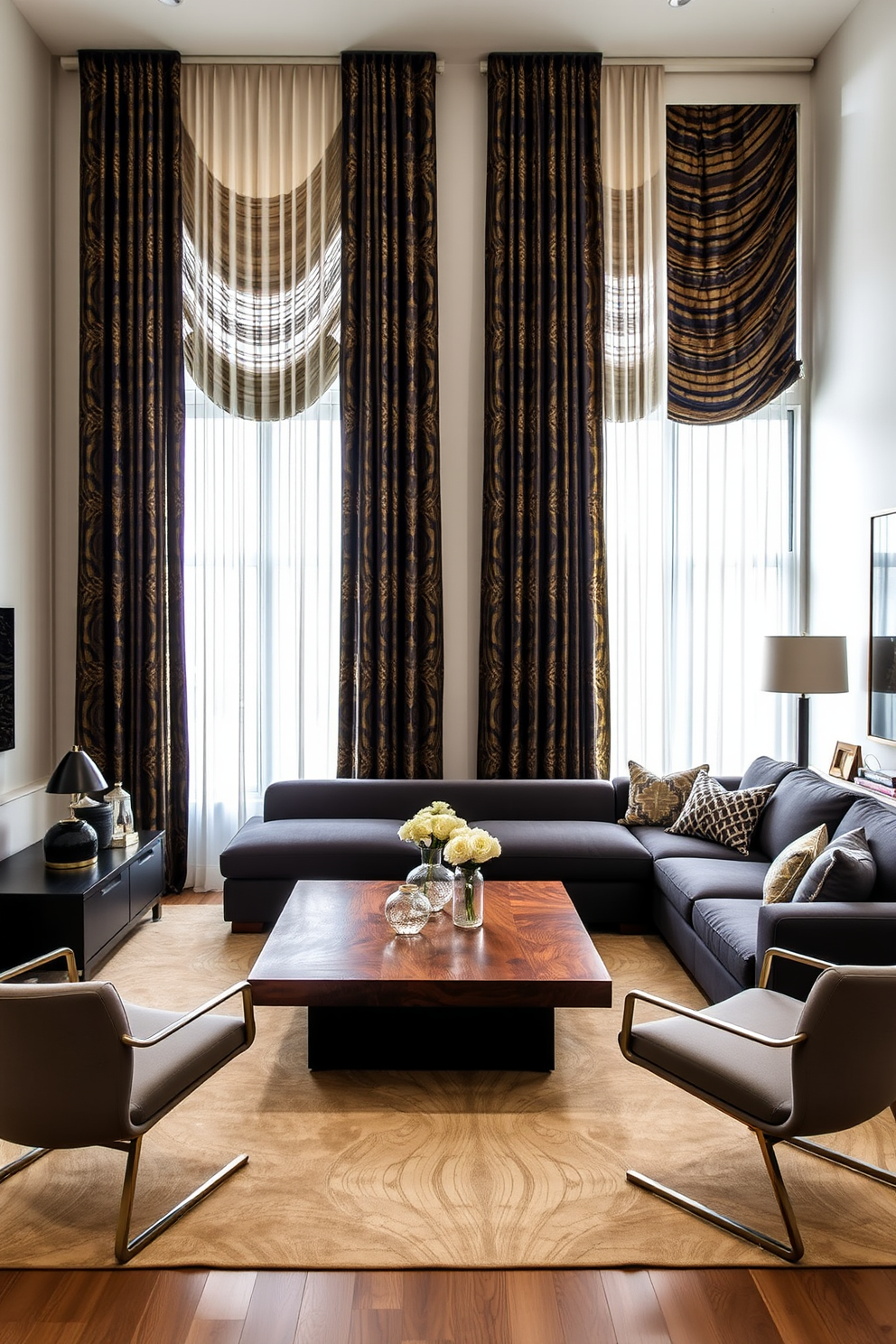 A stylish living room featuring bold patterned curtains that cascade elegantly from the ceiling to the floor. The curtains are in rich hues of navy and gold, creating a dramatic focal point against the neutral walls. The space includes a large, plush sectional sofa in a deep charcoal color, complemented by an array of textured throw pillows. A sleek coffee table made of reclaimed wood sits at the center, surrounded by modern accent chairs that add a touch of sophistication.