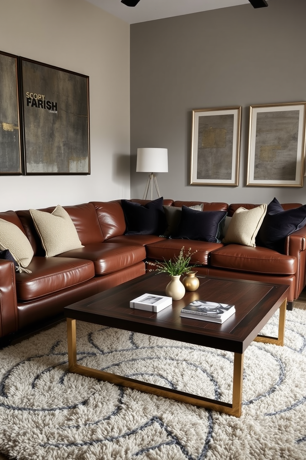 A manly living room design featuring subtle metallic accents in decor items. The room includes a large leather sectional sofa, complemented by a dark wood coffee table with brushed brass legs. On the walls, there are framed abstract art pieces with hints of gold and silver, adding a touch of sophistication. A plush area rug anchors the seating area, while decorative pillows in deep hues enhance the masculine aesthetic.