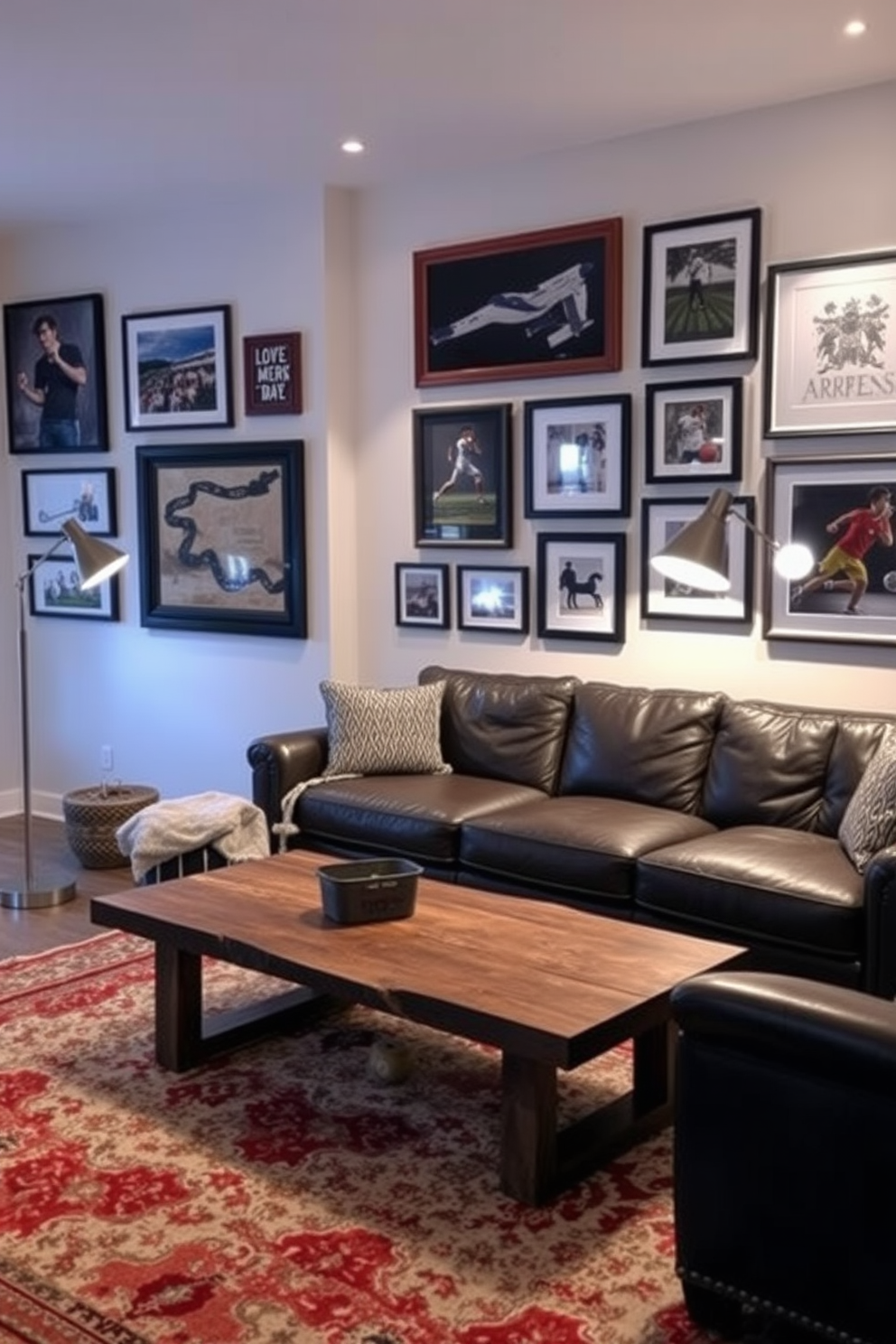 A stylish living room featuring personalized wall art that reflects the owner's hobbies. The space includes a large leather sofa, a rustic wooden coffee table, and a statement rug that ties the room together. The walls are adorned with framed photographs and artwork that celebrate various interests such as travel and sports. Ambient lighting from sleek floor lamps enhances the cozy atmosphere, creating a perfect space for relaxation and entertainment.