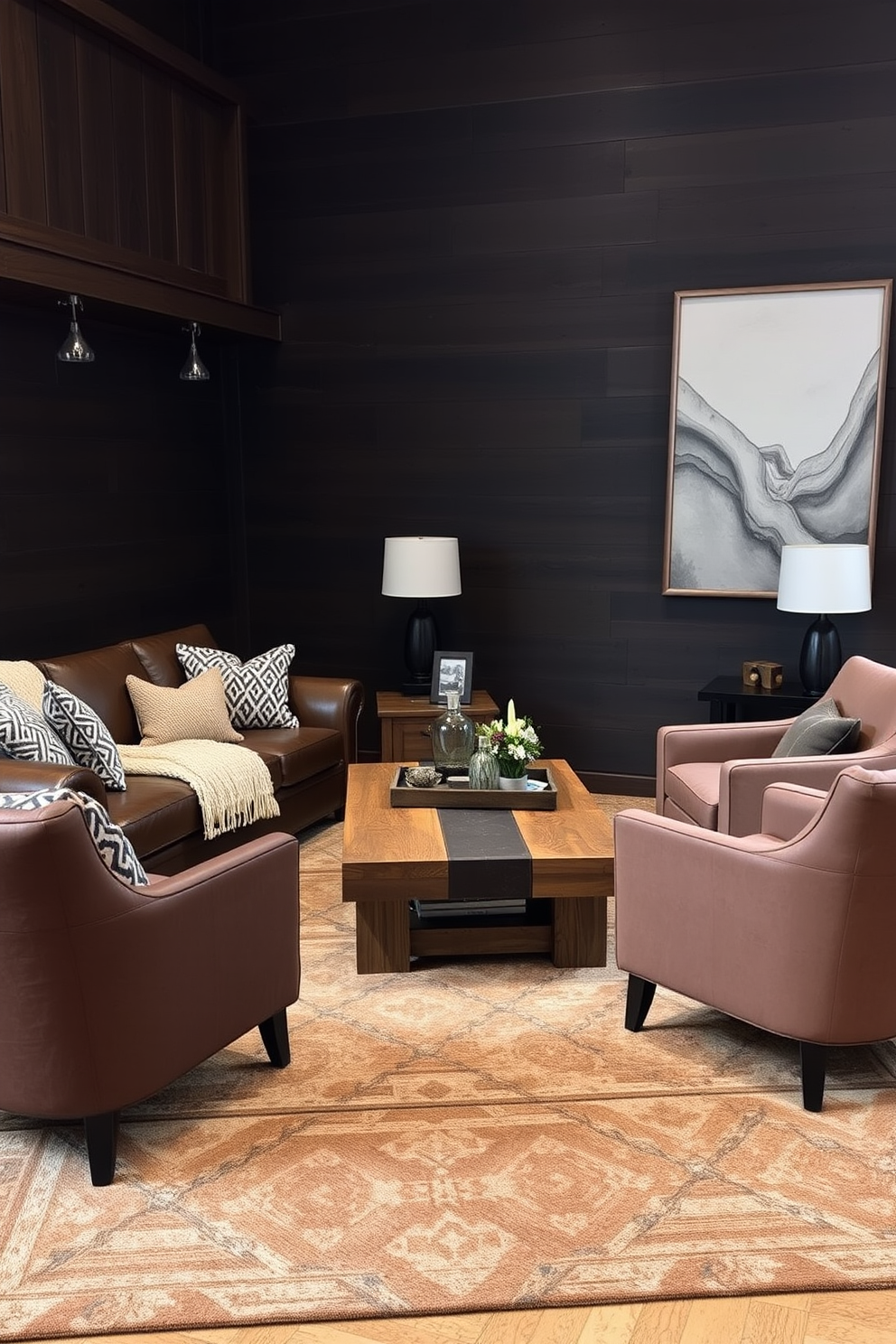 A manly living room setting featuring rich earth tones and textured fabrics. The space includes a large leather sofa in deep brown, complemented by a chunky knit throw and an assortment of patterned pillows. A reclaimed wood coffee table sits at the center, surrounded by a pair of sleek armchairs upholstered in a warm taupe fabric. The walls are adorned with dark wood paneling, and a large area rug in earthy tones anchors the seating area.