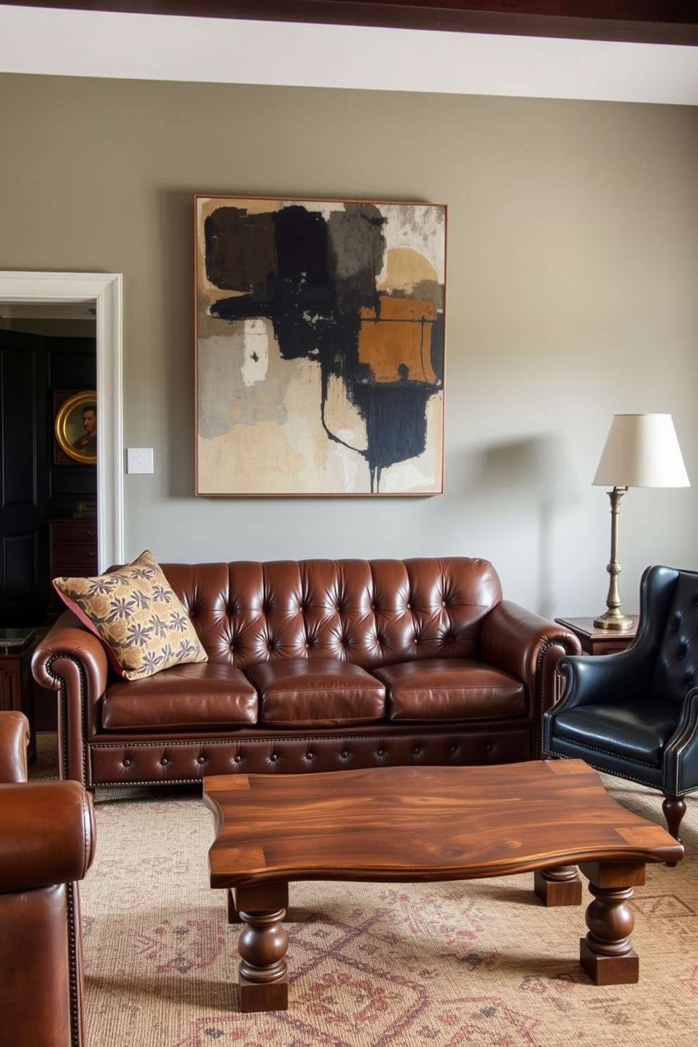 A stylish living room that blends vintage and contemporary furniture. A plush leather sofa is paired with an antique wooden coffee table, creating a striking focal point in the space. On the wall, a large abstract painting adds a modern touch, while a vintage armchair in the corner invites relaxation. The color palette features deep blues and warm browns, enhancing the masculine vibe of the room.