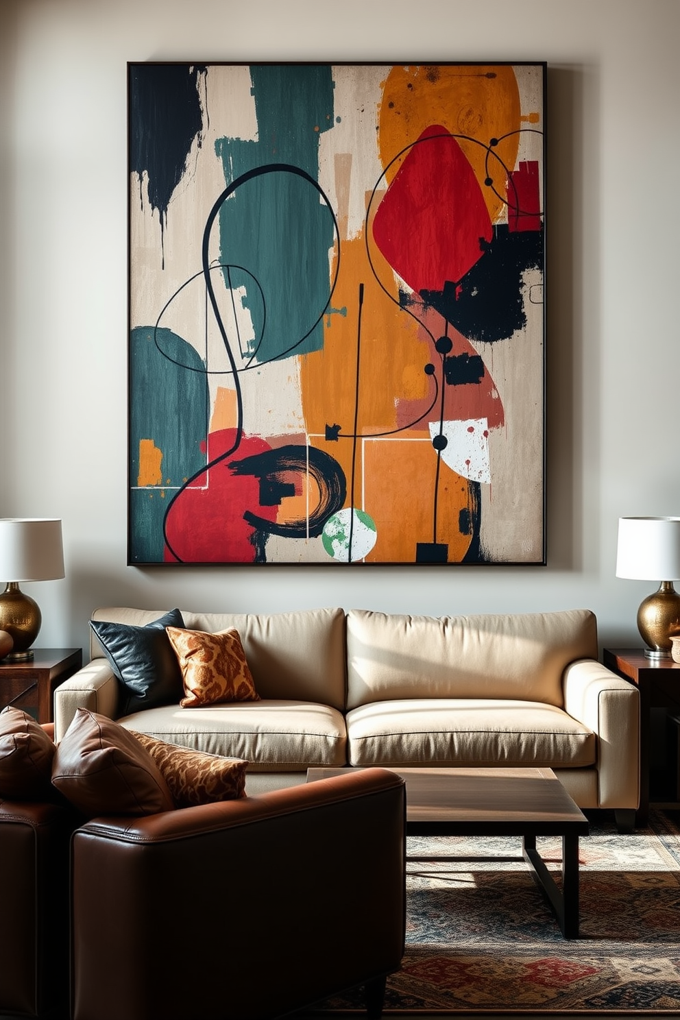 A large artwork featuring abstract designs dominates the wall above a sleek, modern sofa. The vibrant colors of the artwork complement the neutral tones of the room, creating a striking focal point. For manly living room design ideas, incorporate rich leather furniture and dark wood accents to establish a masculine aesthetic. Layered textures and bold patterns can enhance the overall warmth and sophistication of the space.